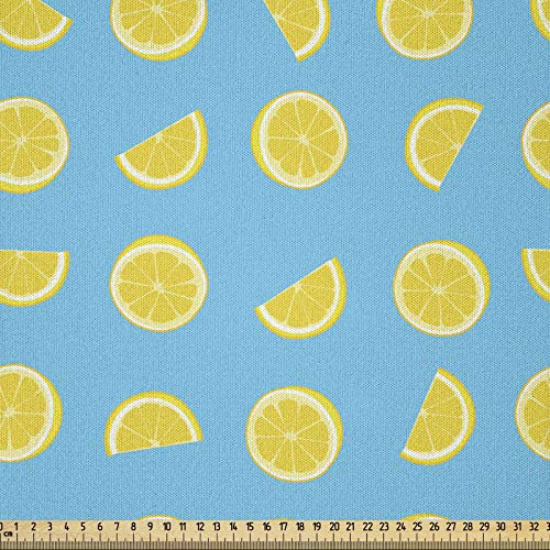 ABAKUHAUS Zitrone Stoff als Meterware, Scheiben Sommer Sonne, Microfaser Stoff für Dekoratives Basteln, 1M (230x100cm), Himmelblau Gelb
