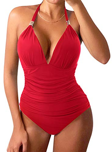 RXRXCOCO Halter Neck Tummy Control Swimsuit Women One-Piece Ruched Non Padded Swimming Costume