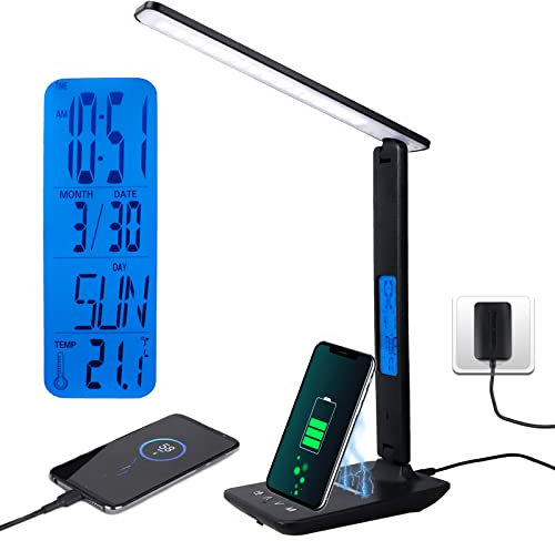CSYY Lámpara de escritorio LED con carga inalámbrica de 10 W, lámpara de mesa plegable USB, lámpara de control táctil, 3 modos de iluminación 5 niveles de brillo, tiempo, temperatura, reloj y memoria