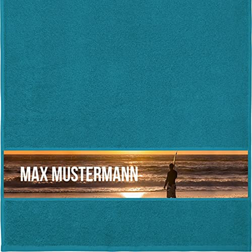 Manutextur Handtuch mit Namen - personalisiert - Motiv Surfen 2 - viele Farben & Motive - Dusch-Handtuch - Petrol - Größe 50x100 cm - persönliches Geschenk mit Wunsch-Motiv und Wunsch-Name