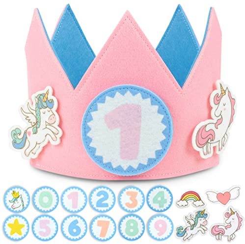 BONNYCO Geburtstagskrone Mädchen Einhorn Auswechselbare Zahlen von 0 bis 9 und Thematische Figuren 1. Geburtstag Mädchen Krone Einhorn Geburtstagsdeko Geschenke, Krone Geburtstag Kinder Karneval