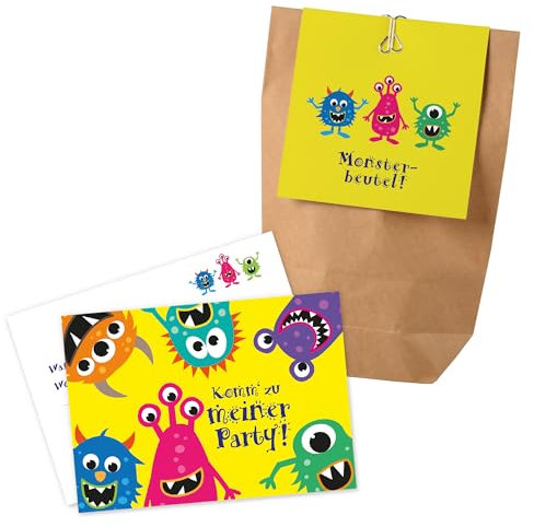 12x Monster Einladungskarten + Partytüten - Set/Monster Party Einladungskarten Monster Kindergeburtstag Partytüten Kindergeburtstag Monster Partytüten Kindergeburtstag Einladungen Monster Karten