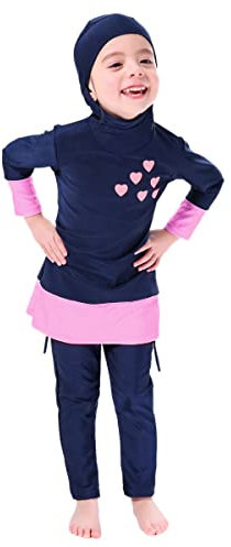 FYMNSI Kinder Baby Mädchen Muslimischen Badeanzug Modest Islamischen Ganzkörper Full Cover Langarm Top Hijab Hose Burkini Set Wassersport Surfen Outfit Bademode Schwimmanzug Marineblau 11-12 Jahre