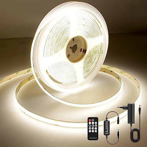 AXMOTUT LED Strip 5m, COB LED Streifen Natürliches Weiß 4000K, LED Lichtband 24V 320LEDs/M, Dimmbar Led Streifen 5m mit RF Fernbedienung und Netzteil, CRI90 für Zuhause Partei deko, DIY Dekoration