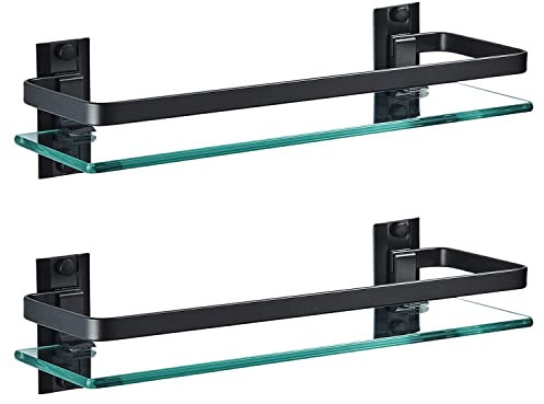 AIJALY 2 Stück Badezimmer-Glasregal, Aluminium, gehärtetes Glas, 0,9 cm, extra dick, rechteckig, 1 Etagen, Aufbewahrungs-Organizer, Wandhalterung, Schwarz, 39,9 cm