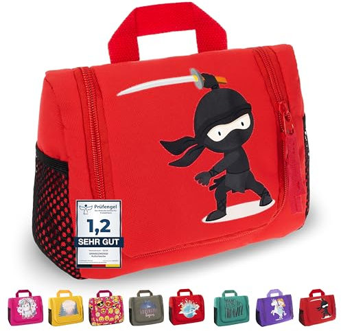 GRINSEZWERGE Kinder Kulturtasche | Reise Kulturbeutel zum Aufhängen | Kosmetiktasche Waschbeutel Waschtasche Reisetasche Schminktasche Kosmetik Beutel Reisezubehör