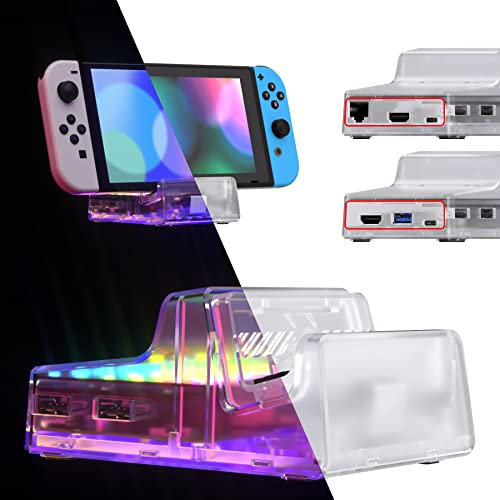 eXtremeRate AiryDocky LED Version DIY-Ersatz Hülle Case für Nintendo Switch/OLED Dock Ladestation, Re-Design 7 Farbe 50 Effekte Dimmbar RGB LED Shell Kit für Switch Docking Station(Clear)