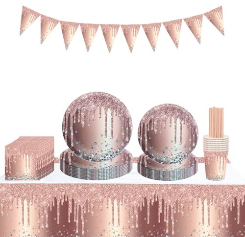 PIUMOJ Rosegold Partygeschirr Set, Rosegold Party Geschirr, Diamant Rosa Pappteller Set, Pappbecher, Tischtuch, Rosa Partyzubehör Set für Mädchen Geburtstag, 10 Gäste