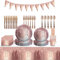 PIUMOJ Rosegold Partygeschirr Set, Rosegold Party Geschirr, Diamant Rosa Pappteller Set, Pappbecher, Tischtuch, Rosa Partyzubehör Set für Mädchen Geburtstag, 10 Gäste