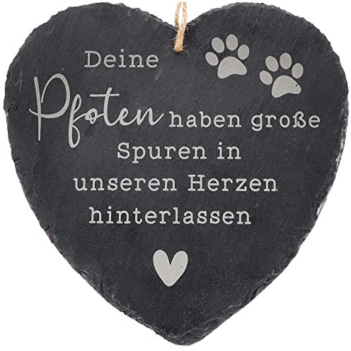 Spruchreif | Schieferherz mit Gravur „Deine Pfoten haben große Spuren…“ – Herzförmige Schiefertafel zum Aufhängen | Andenken & Trauer-Geschenk für Haustiere