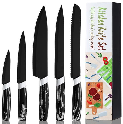 BEWOS Set de couteaux de cuisine, Set de 5 couteaux noirs, Couteaux de cuisine en acier inoxydable, Set de couteaux aiguisés, Couteaux lavables au lave-vaisselle, Set de couteaux de cuisine