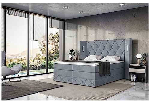 MEBLINI King Boxspringbett mit Bettkasten - Gepolstert Doppelbett mit Matratze und Topper - Polsterbett mit Stauraum - Bett mit LED Kopfteil - Stauraumbett - Manuel - 200x200 - H3/Grau Samt