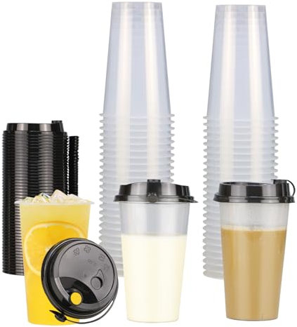 Xhalesea - Paquete de 50 vasos desechables de plástico transparente de 16 onzas con tapas, vasos sin popote para platos fríos y calientes, vasos de plástico transparente para fiestas, jugos, leche,
