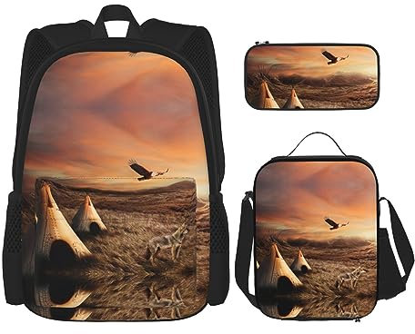 DEXNEL Große Kapazität Musiknoten Rucksack Mittagessen Tasche Federmäppchen Kombination 3-teiliges Set, für Mittelschule, Indianer-Stämme, Einheitsgröße