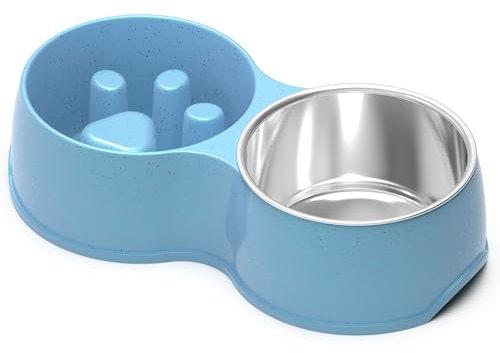 ZENO Double Slow Feeder Dog Bowl | Raised Dog Bowl with Non-Slip Bottom | Cat Food Bowl, Dog Bowls | Dog Water Bowl, Cat Bowls, Stainless Steel Bowl | Detachable Raised Cat Bowl | Blue