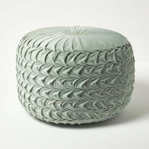 Homescapes Grace Plissee-Hocker geflochten mintgrün 50x35 cm, Samt-Pouf Mint, Sitzpouf rund mit Sitzsack-Füllung