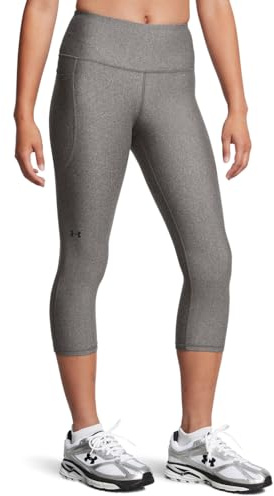 Under Armour HeatGear - Pantaloni Capri da donna a vita alta con tasche, (020) Carbone Light Heather / / Nero, Medium Corto