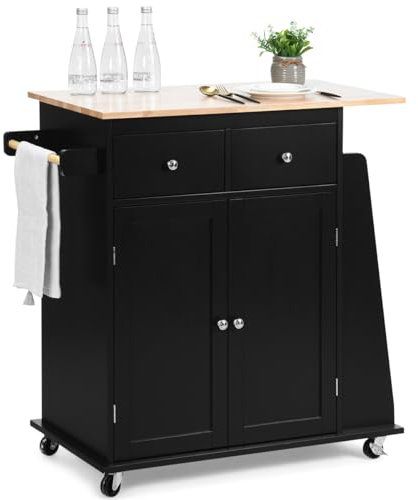KOMFOTTEU Küchenwagen mit Arbeitsplatte 80x45 cm, Kücheninsel auf Rollen, Küchenschrank mit Schubladen Gewürzregal, Küchentrolley aus Massiv Holz für Küche Esszimmer (Schwarz)