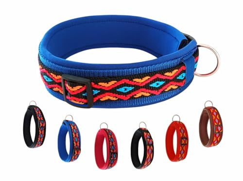 Buddypack-Hundehalsband breit und weich gepolstert (Blau-Bunt, XS) | 4 cm breit für kleine, 5 cm breit für große Hunde, Größe verstellbar, stabiler Klickverschluß, Neopren-Polster, fellschonend