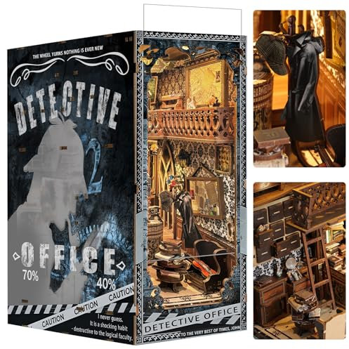 Quanquer Book Nook de détective avec housse de protection contre la poussière, avec lumière LED, impression 3D en bois, répliques miniatures de bureaux, bibliothèques et meubles, cadeau créatif pou