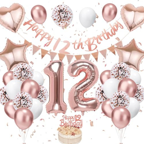Roségold-Weiß Luftballons 12. Geburtstag mit Banner und Tortendeko für Jungen und Mädchen