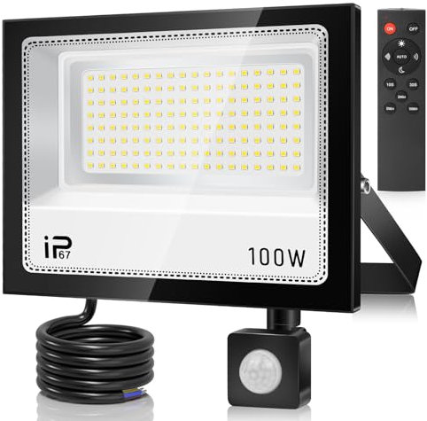 VRFMALIY 100W Projecteur LED Détecteur de Mouvement et Télécommande,10000LM Projecteur Extérieure LED,7000K Blanc Froid Spot LED Extérieur,IP67 Etanche Eclairage Exterieur pour Jardin Garage Entrée