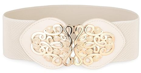 BlackButterfly Weit Cinch Dehnbares Elastikmaterial Bund Retro Gold Medusa Schnalle Taille Gürtel (Beige, XXL)