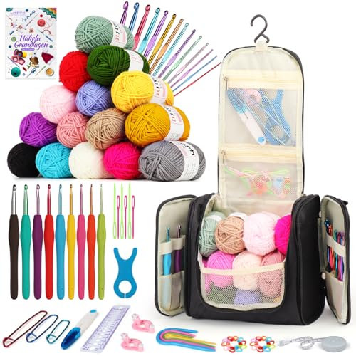 Coopay Juego de ganchillo portátil para principiantes, juego completo de agujas de ganchillo con agujas de ganchillo ergonómicas de 2,0-10 mm, 15 colores de lana para ganchillo, instrucciones