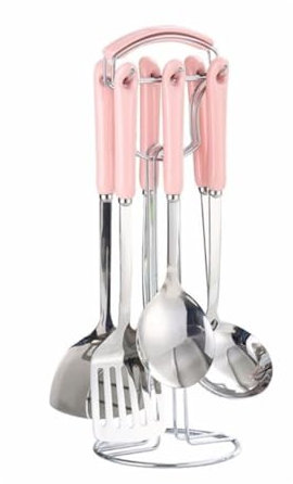 SUNMME Kochspatel aus Edelstahl, Löffel, 7-teiliges Set, Kochutensilien, Abtropflöffel, Gadgets (Pink)