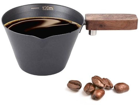 Kytpyi Misurino, Bicchiere Dosatore per Espresso, Acciaio Inossidabile Misurino 120mL con Beccuccio a V Manico in Legno per Caffè Bevande, Bicchiere Graduato Piccolo per Casa Caffè Ufficio (Nero)