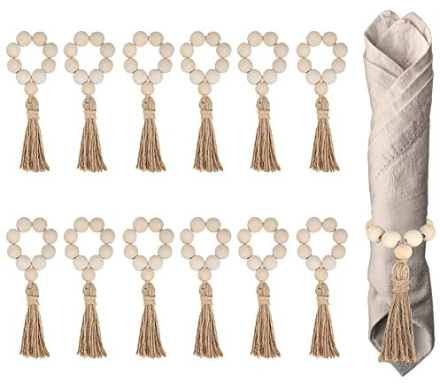 Cachpib Rond de Serviette de Table, 12 Pièces Ronds de Serviette en Bois Naturel avec Perles en Bois avec Gland pour Noël Ferme Mariage Décoration de Table