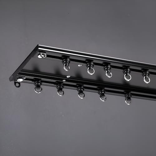 Ultradünne 2-läufige Vorhangschiene, Schwarz, Weiß Aluminium Vorhangschiene Doppelläufig, Schwer Gardinenschiene, Deckenmontage(Black,95cm)