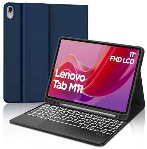 WINCHKING Tastatur Hülle für Lenovo Tab M11 11'' 2024, 7 Farben Beleuchtung, Touchpad Magnetisch Abnehmbarer Tastatur, QWERTZ Layout für Tab M11, Dunkelblau-Touchpad