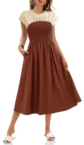 Wenrine Sommerkleid Damen Kurzarm Kleider Lang A-Linie Casual Maxikleid mit Taschen, Kaffee, M
