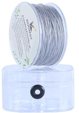 KONMAY Cordon métallique en nylon de 0,8 mm pour bracelets avec boîte d'organisation, 50 m de ficelle argentée – Cordon de bricolage pour emballage cadeau, décoration et artisanat