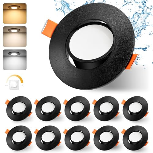 GeyouLux LED Einbaustrahler 230v Dimmbar 68-80mm 4.9W IP44 Ultra Flach LED Spots Badezimmer 3000K/4000K/6000K Deckenspot für Wohnzimmer 45°Schwenkbar Einbauleuchten Einbaustrahler Schwarz 10er Set