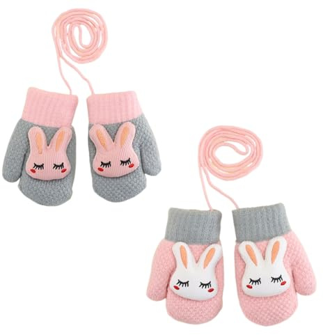 Dinghaole 2 Paar Baby Winter Handschuhe,Baby Handschuhe Kleinkinder 1-3 Jahre,Cartoon Kinder Winter Handschuhe Fäustlinge,Dicke Strick Baby Fäustlinge Wolle Plüsch Fausthandschuhe Halshandschuhe