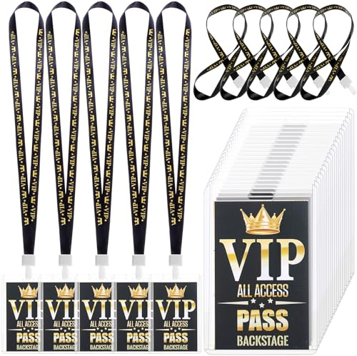 25 Sets VIP-Abzeichen-Lanyards mit Kunststoff-VIP-Pass-Kartenhalter (VIP | Umhängeband für Musikauszeichnungen, Filmabend, Konzert, Event, Geburtstag, Party, Schwarz und Gold