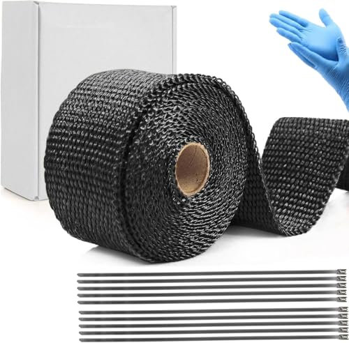 Yosugi 20M Hitzeschutzband 20m*5cm Heat Protection Tape, 10 KabelbinderEdelstahl Hitzeschutzband für Fächerkrümmer Thermoband Krümmerband Auto Motorrad Auspuff (Schwarz)