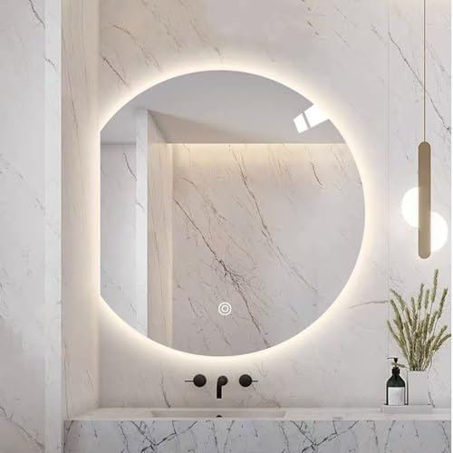 KELENMNAZT Linksgeschnittener runder Badezimmerspiegel, dreifarbiger LED-Wandspiegel, HD-Schminkspiegel, for Waschtische und Waschbecken(80cm)