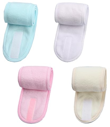 OUDQFCJ 4 Stück Verstellbare Kosmetik Haarband Damen mit Klettverschluss Frottee Haarband für Schminken Spa Gesicht Waschen Sport Yoga Grün Rosa Weiß Gelb