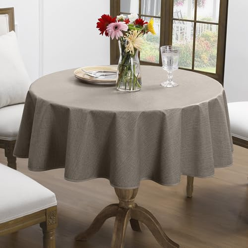 Romanstile Wachstischdecke rund 140 cm Mokka Braun Vinly mit Saum Leinenoptik Outdoor Tischdecke wetterfest wasserdicht abwischbar Gartentischdecke PVC Plastik Table Cloth für Aussen,Balkon,Herbst
