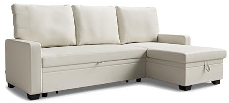 DAKO® Corner Sofa Bed Susanne – Cream or Grey L-Shaped 3-Seater with Sleeping Function & Storage – Universal Chaise – Modern Upholstered Sofa for Living Room or Guest Room (Cream)