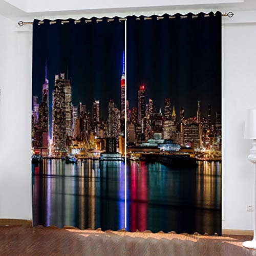Vorhang Blickdicht 3D Nachtansicht Von New York City Gardinen Mit Ösenvorhang 2Er Set 200x160Cm Verdunkelungs Kindervorhänge Für Wohnzimmer Schlafzimmer Kinderzimmer Deko, Blickdichte Verdunklungsg