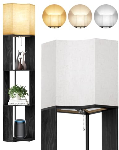 OUTON Stehlampe mit Regal in Schwarz, 158 cm Stehleuchte mit 3 Ablagen | 3 Farbtemperaturen, 9W E27 LED-Leuchtmittel, Stoffschirm in Naturton für Wohnzimmer, Schlafzimmer, Büro, Flur