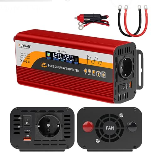 GAOUTO 800W/400W Wechselrichter 12v&24v auf 220V Reiner Sinus Wechselrichter, LCD-Bildschirmanzeige, Spannungswandler mit 1 EU-Steckdose & 1 Typ-C & USB Anschluss, 5V/3A USB-Anschluss für LKW, Rot
