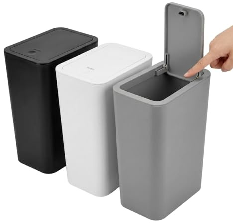 3Pack Bathroom Bin with lid,Push Button Slim Kitchen Bin,Plastic Bins for Toilet, Dog Proof Thin Bathroom,Trash Can for Bedroom Office Living Room (Black +Off White + Grey)