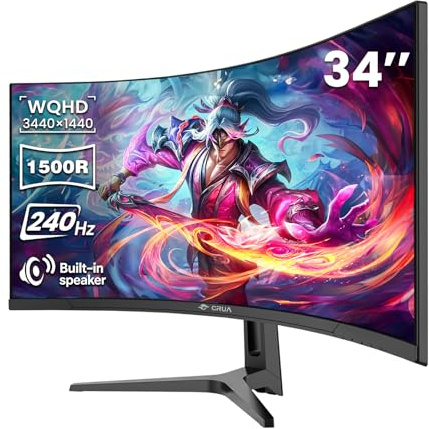 CRUA Monitor de juegos curvado de 34 pulgadas, 240Hz WQHD 3440x1440, UltraWide 21:9, 1500R VA, 120% sRGB, FreeSync, altavoces integrados, ideal para juegos, transmisión y uso en oficina, instalaciones
