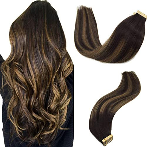 GOO GOO Tape Extensions Echthaar 60cm, Balayage Dunkelbraun Gemischt Kastanienbraun 20pcs 50g,Tape in Natürlichen Echthaar Haarverlängerung Echthaar Tapes
