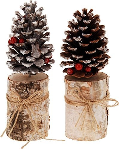 Tannenzapfen auf Holzstamm mit Beeren - Deko Tannenzapfen Herbstdeko Winterdeko Weißer Tannenzapfen